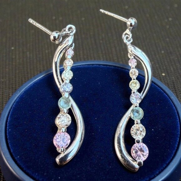Vintage Silver Rainbow Drop Earrings W/ Multi Gemstones & Elegant Swirl Design - Picture 4 of 6